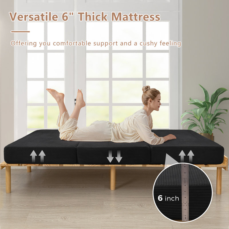 Matelas pliable triplé 6 po, grand matelas en mousse à mémoire de forme, Grand lit, Black 