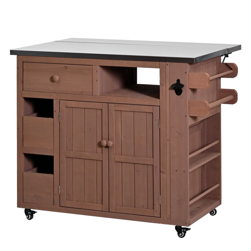 TOPMAX Outdoor Solid Wood Extendable 19.3''/28'' Kitchen Island, Stainless Steel Top Grill Table With Side Spice Rack, Kitchen Cart With Drawers, Storage Cabinet For Backyard, BBQ,Party, Brown
