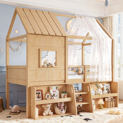 Lit mezzanine simple avec tablettes et escaliers de rangement, lit mezzanine avec toit en forme de maisonnette et fenêtre, conception enfantine et sans sommier