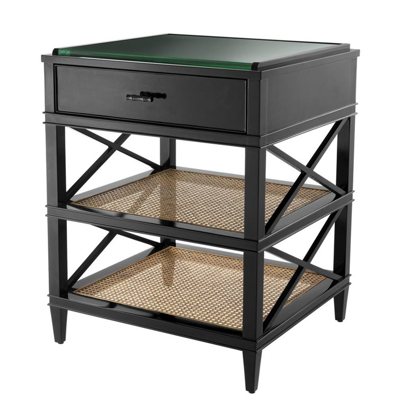 Black Pine Wood and Cane Rectangular Side Table