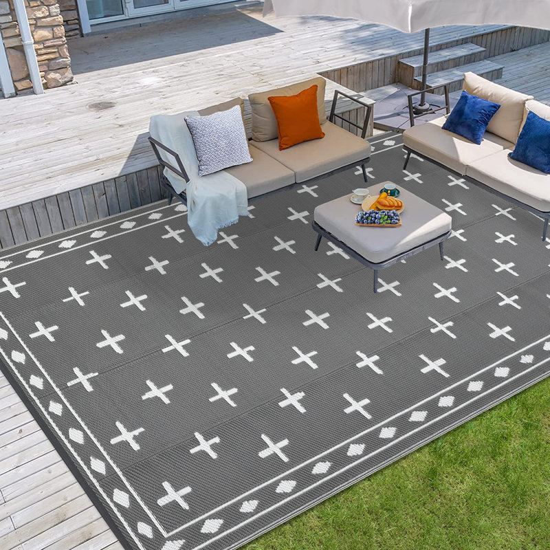 Tapis d'extérieur réversible imperméable 9 pi x 18 pi, tissage de paille en plastique, tapis de patio léger et facile à nettoyer pour terrasse, cour, camping ou véhicule récréatif, gris
