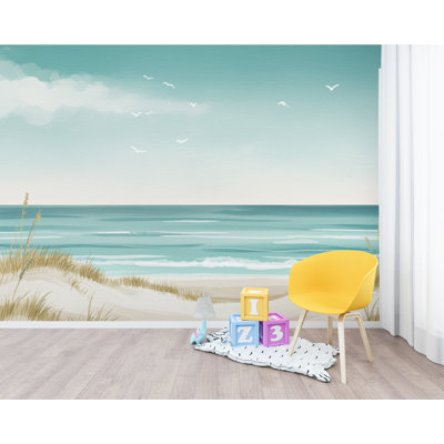 Coastal Wallpaper Mural, Minimalist Ocean Landscape Wall Art, Neutral Beach Decor in Soft Turquoise Beige, Seascape Mural 199DRE