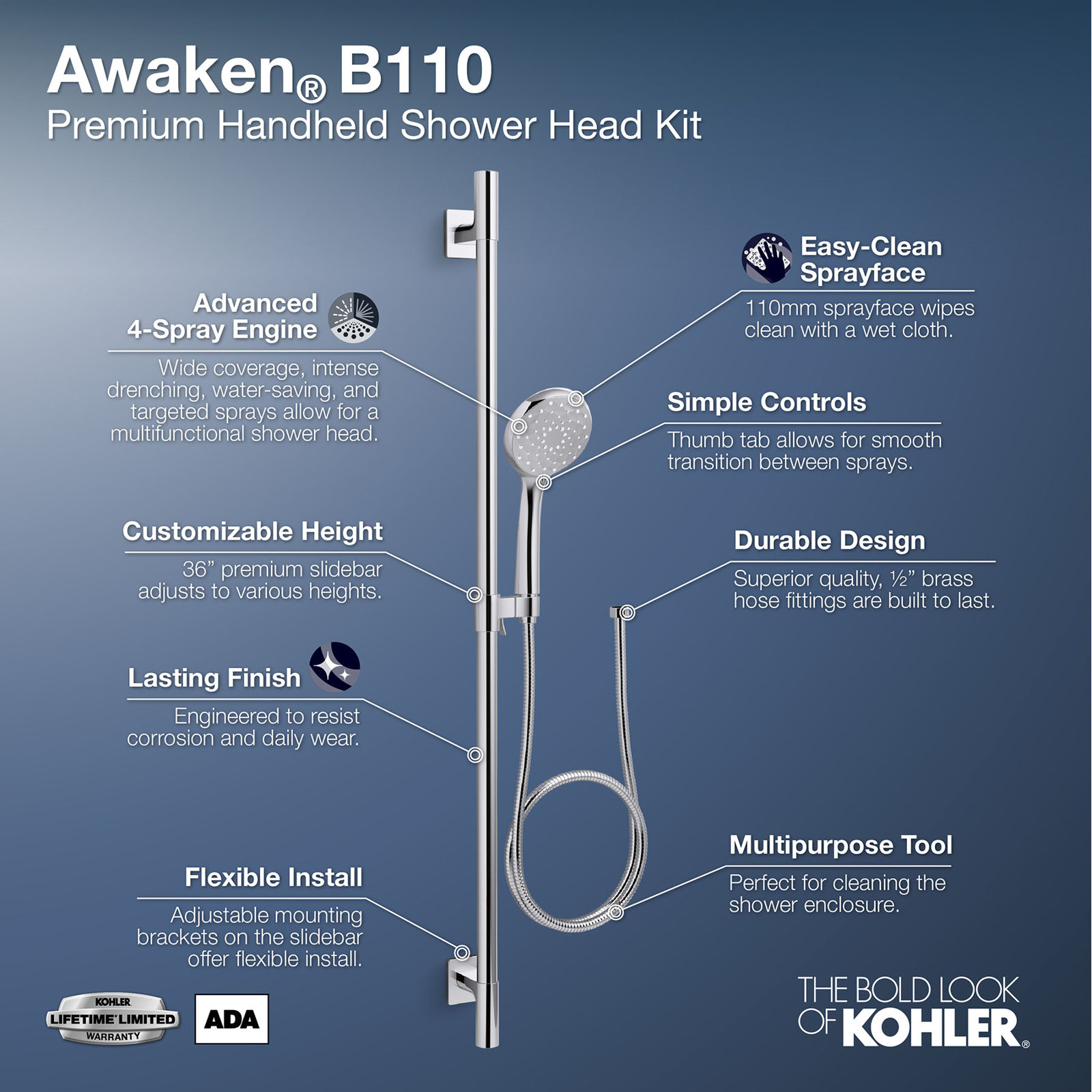 Awaken B110 Premium Slide Bar Kit, Chrome