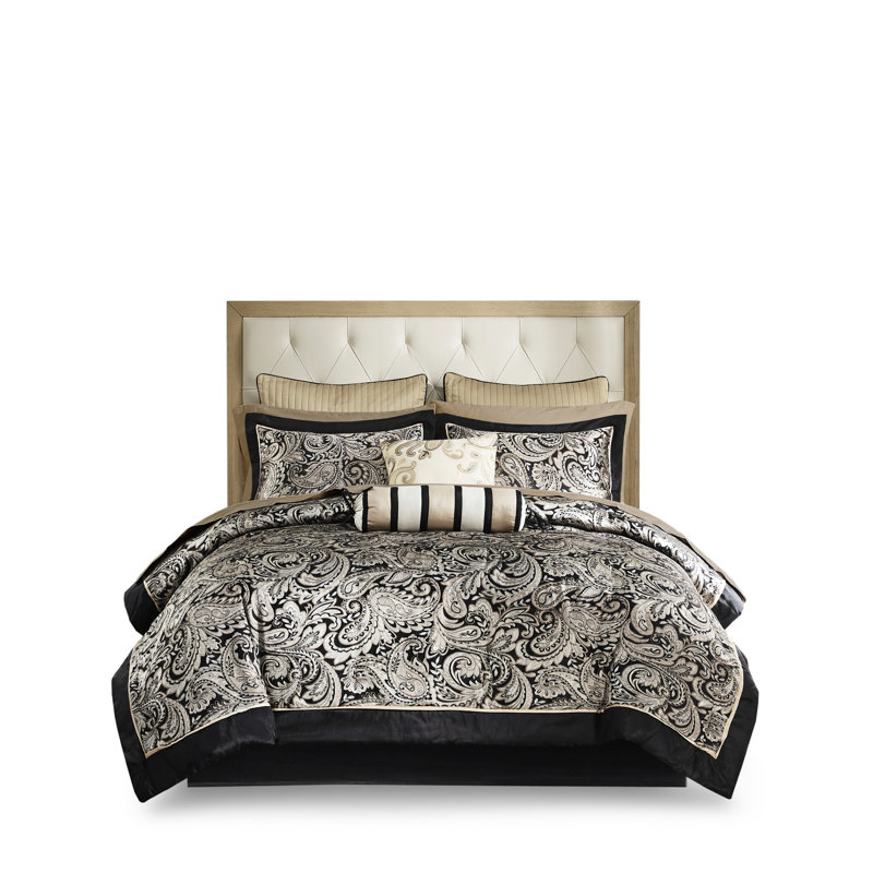 Édredon noir très grand avec 12 pièces et draps en coton. Comprend un édredon, des taies décoratives et des oreillers. Cachemire enchanteur. La pièce confortable et moderne pour le lit comprend le tissage cachemire. Tendance. Facile à entretenir