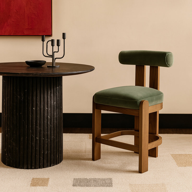 Tabouret de comptoir Arienzo, Noyer, Velours vert