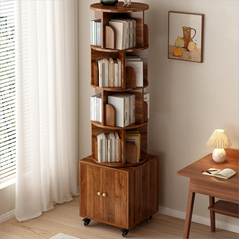Bibliothèque d'angle rotative à 5 niveaux en panneau de fibres à densité moyenne, support de rangement compact au sol avec tiroir à double porte, finition brune pour les petits espaces