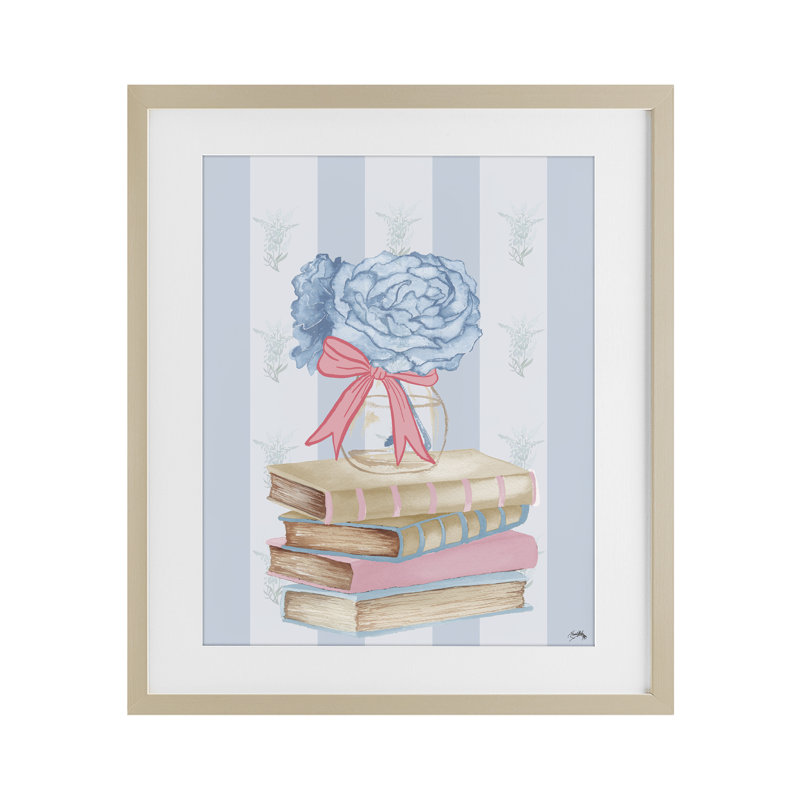 Livres empilés et hortensias bleus, reproduction encadrée sous verre, conception par Elizabeth Medley, H 16 po x l 13 po
