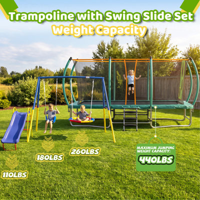 10X16FT Outdoor Square Rectangular Trampoline for Kids Adults Tumbling Trampoline & 3 in 1 Heavy-Duty Metal Backyard Playset with Swing Set and Kids S