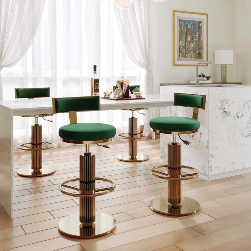 Hector - Modern Luxury Adjustable Height Swivel Velvet Fabric Bar Stools Set Of 2, Green