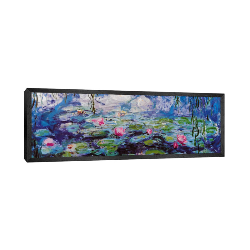 Nympheas by Claude Monet - Panoramic Painting on Canvas, 30.48 cm H x 91.44 cm W, Black Framed