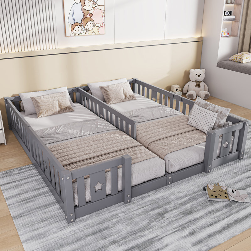 Floor Bed Frame Solid Pine Wood, Grey
