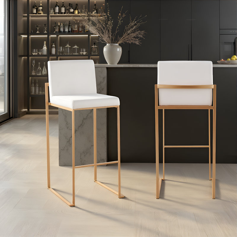 Tabouret de bar et de comptoir à dossier haut Brieon (ensemble de 2), Velours blanc, Or, Tabouret de bar "30"