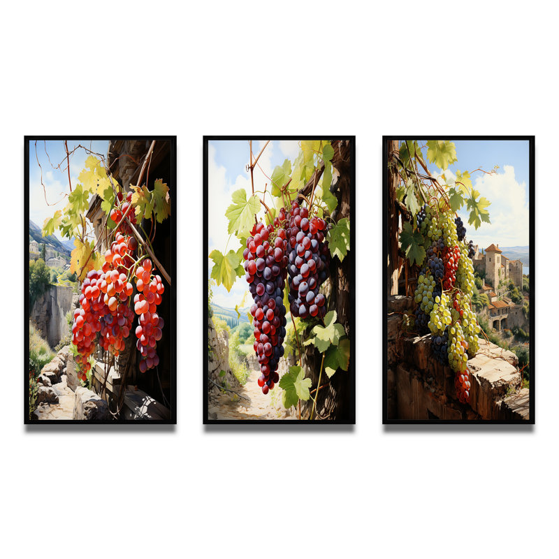 «Pink Vineyard Ancien Sagesse», 3 pièces sur toile, Cadre noir, H 40 po x l 60 po