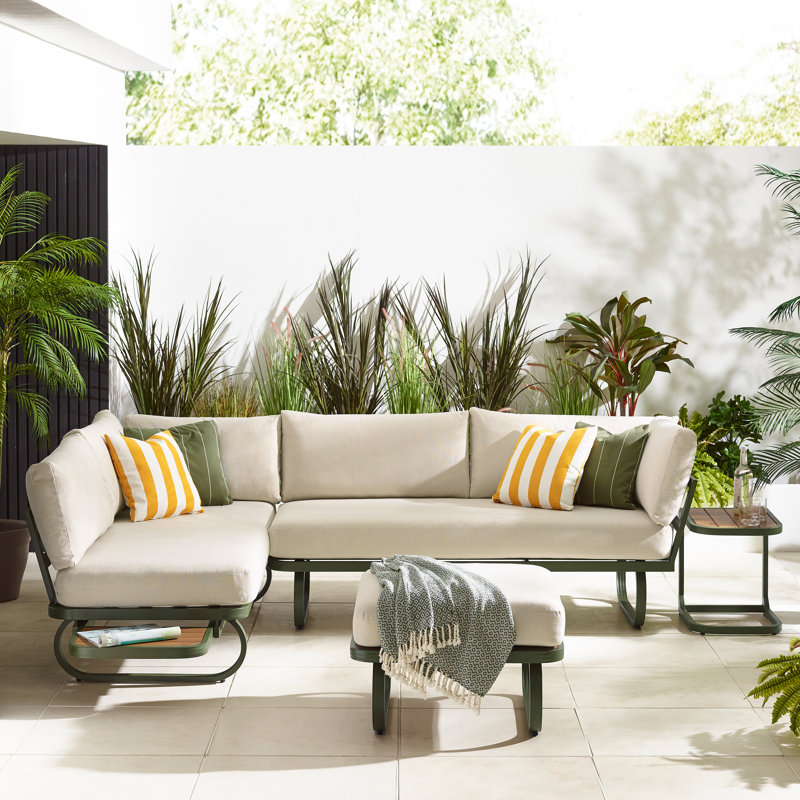 Capriss 6 Seater Metal Corner Garden Sofa, Bench/Footstool & Side Table With Cushions - Modern Design
