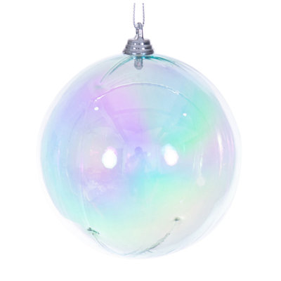  4" Iridescent Ball. This Iridescent ornament gleams with a glossy, rainbow finish, and adds a touch of elegance to any holiday decor. Includes 4 ornaments per bag.
