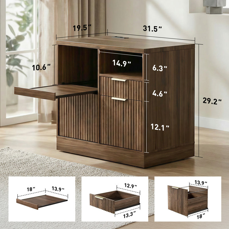 32”  2 Drawer Lateral Filing Cabinet , Charging Station & Storage For Home Office, Black Walnut