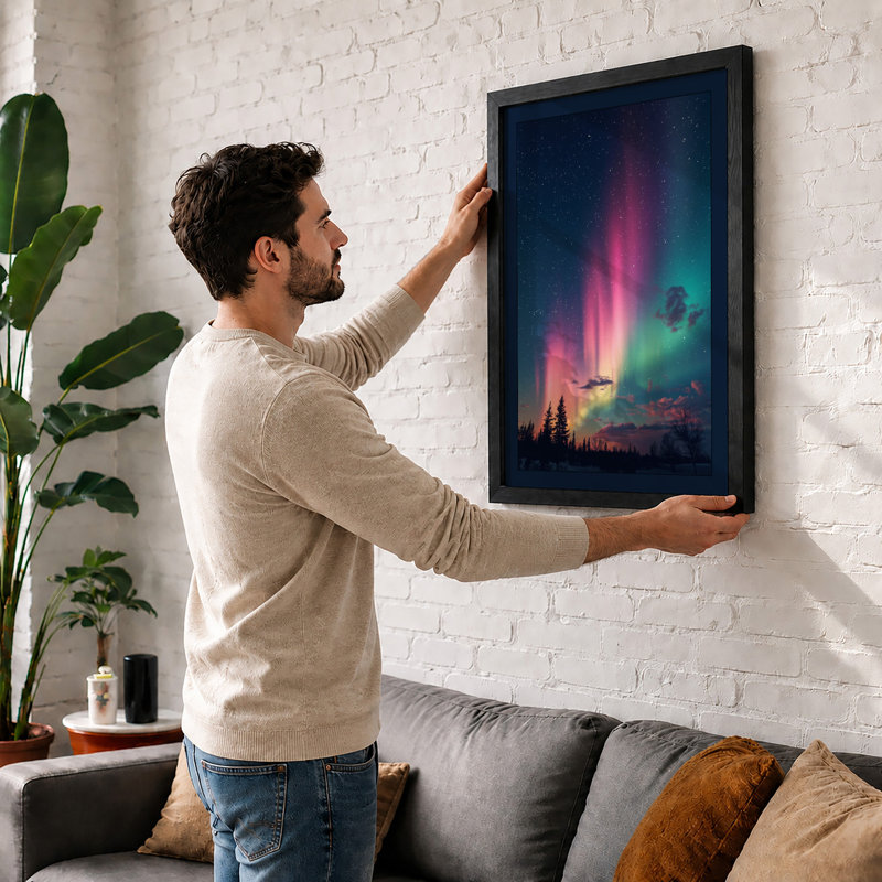 Aurora Over Forest Scandinavian - Framed Print, A4 - 29.7 x 21.0 cm, Walnut
