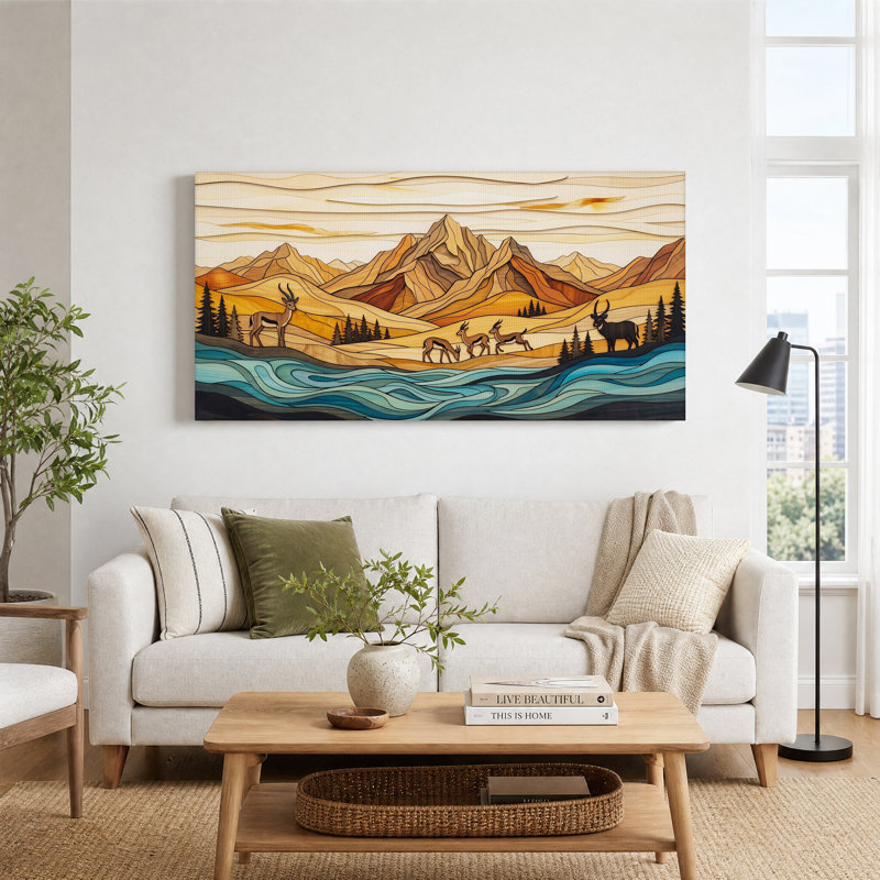 Antilopes près de la rivière Bleue dans des montagnes aux reliefs variés - Tableau sur toile, L 40 po x H 20 po