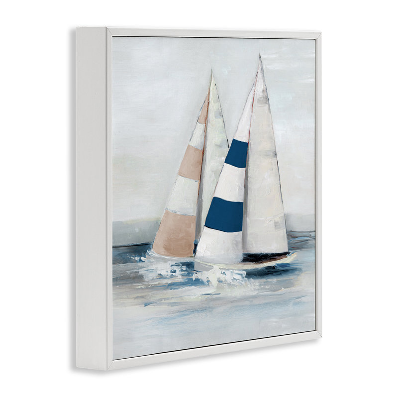 Voilier rayé duo encadré, design par Sally Swatland, H 12 po x l 12 po, Estampe numérique encadrée blanc bord de mer