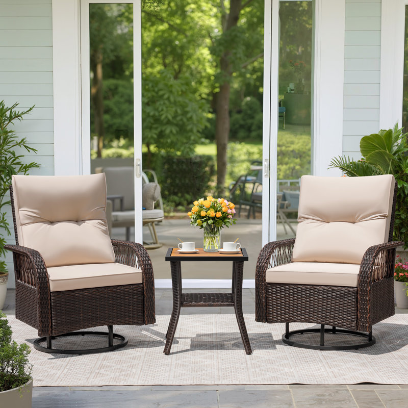 3 Piece Outdoor Wicker Swivel Chair Set with Side Table & Cushions