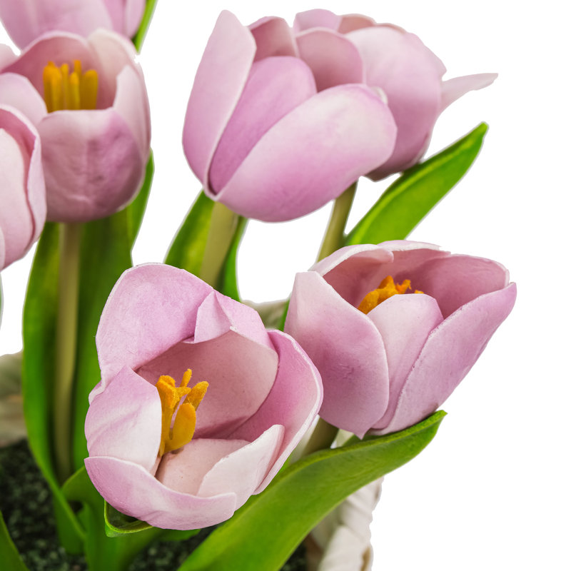 Bouquet de tulipes dans un panier blanc, Gris, Mauve