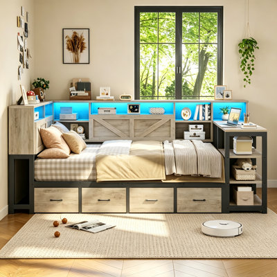 Twin Daybed with 7 Storage Drawers and Desk, Convertible Platform Bed with Bookcase Headboard and Shelves Cabinet, Space-Saving Guest Bed for Small Rooms