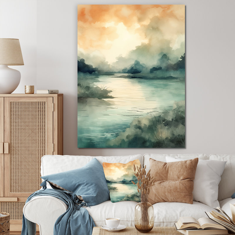 Coucher de soleil sur le lac, aquarelle rétro, H 32 po x l 16 po x P 1 po, Toile tendue