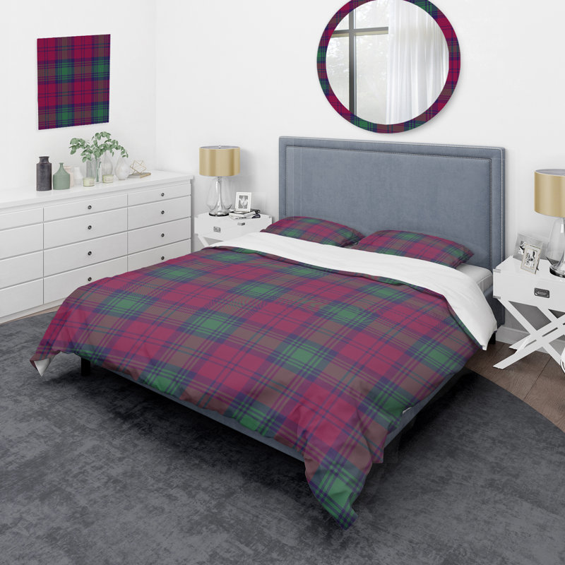 Tartan à carreaux vert et mauve - Ensemble de housse de couette abstrait - Microfibre de polyester