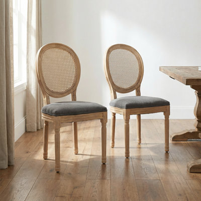 Chaises de salle à manger d'inspiration rétro avec structure en bois massif - dossier en rotin, tissu en lin, ensemble de 2