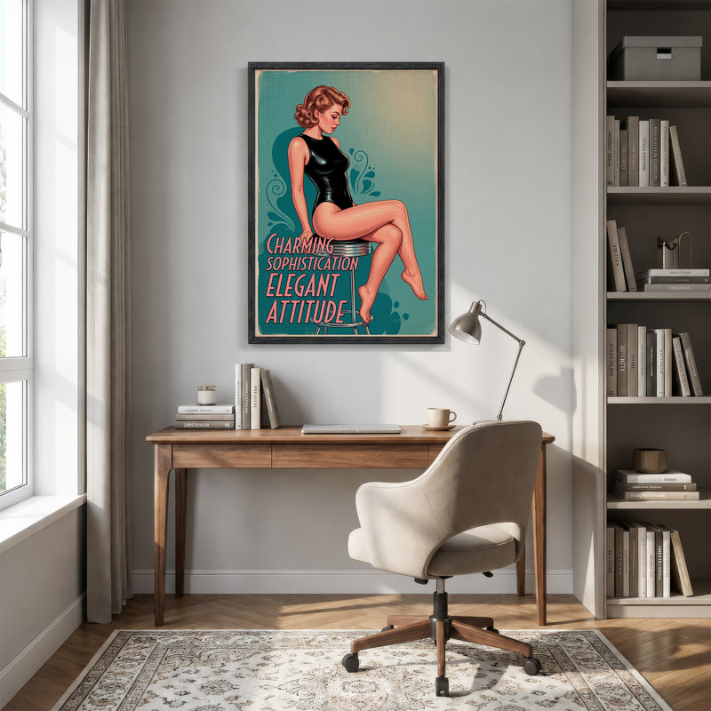 Femme pin-up rétro en justaucorps noir sur fond turquoise, tableau mural sur toile, H 24 po x l 18 po