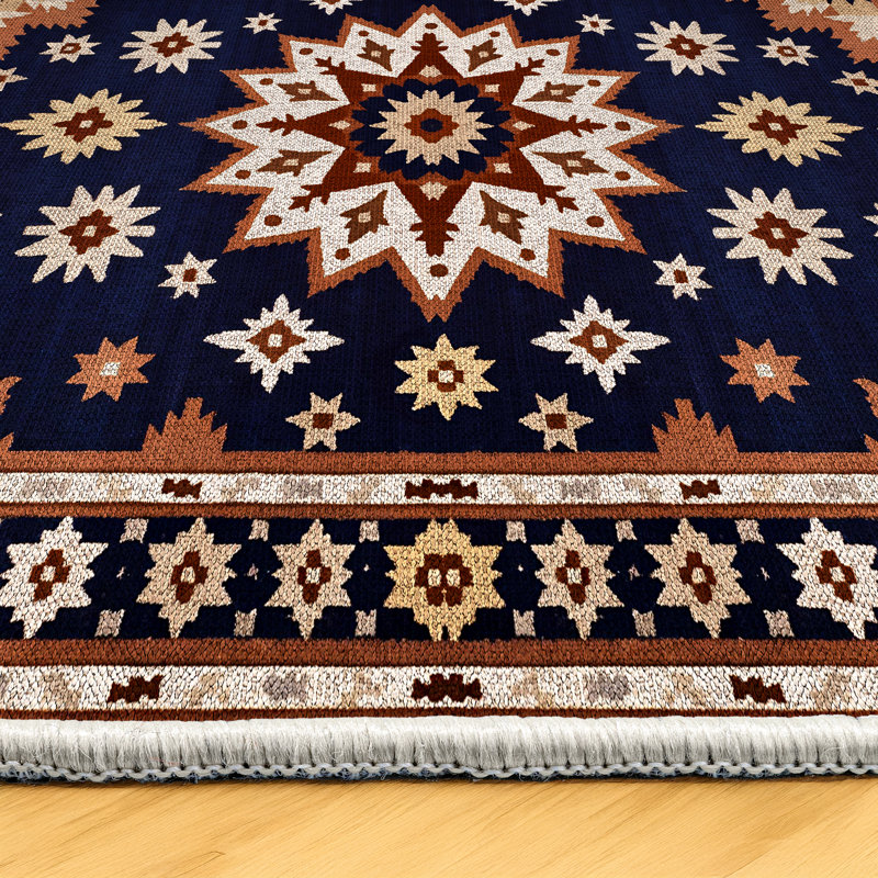 Minisa Collection Digital Print Cotton-Polyester Navy Moroccan Rug, Rectangle 6'7" x 7'3"