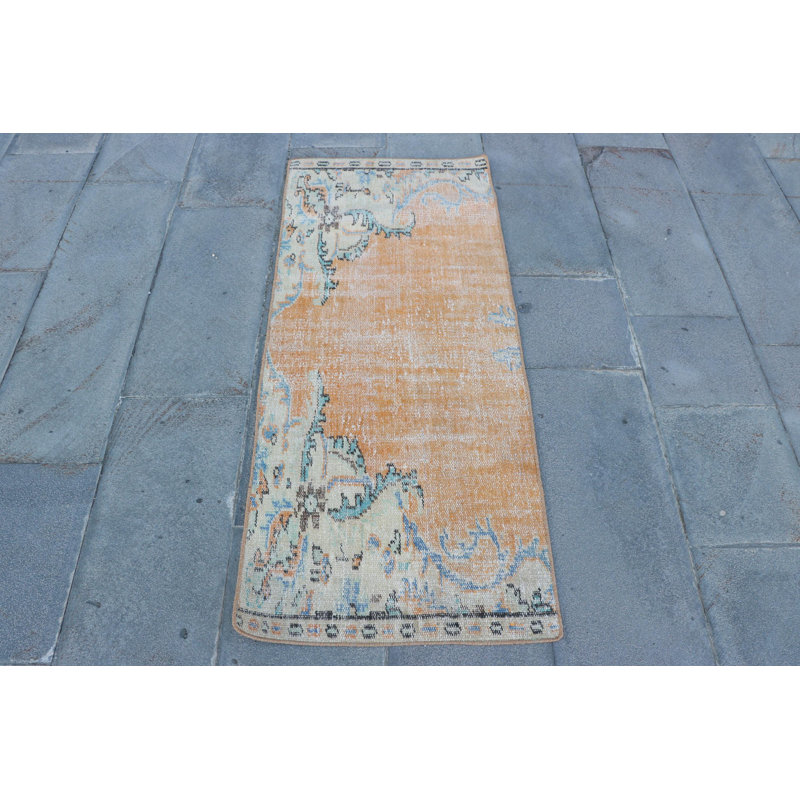 Vintage Turkish Oushak Small Rug in Neutral Scandinavian Style for Bathroom Decor - Orange