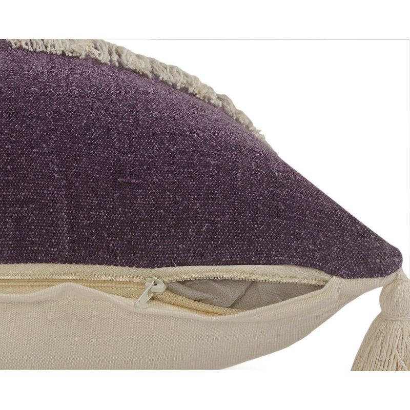 Purple and Off-White Cotton Fringe Lumbar Pillow, 14" x 36"