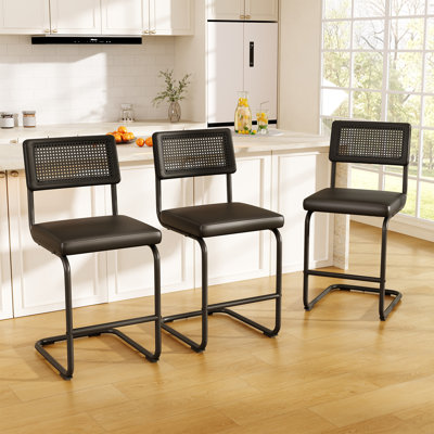 Set Of 2 PU Leather Bar Stools With Woven Rattan Back And Metal Legs