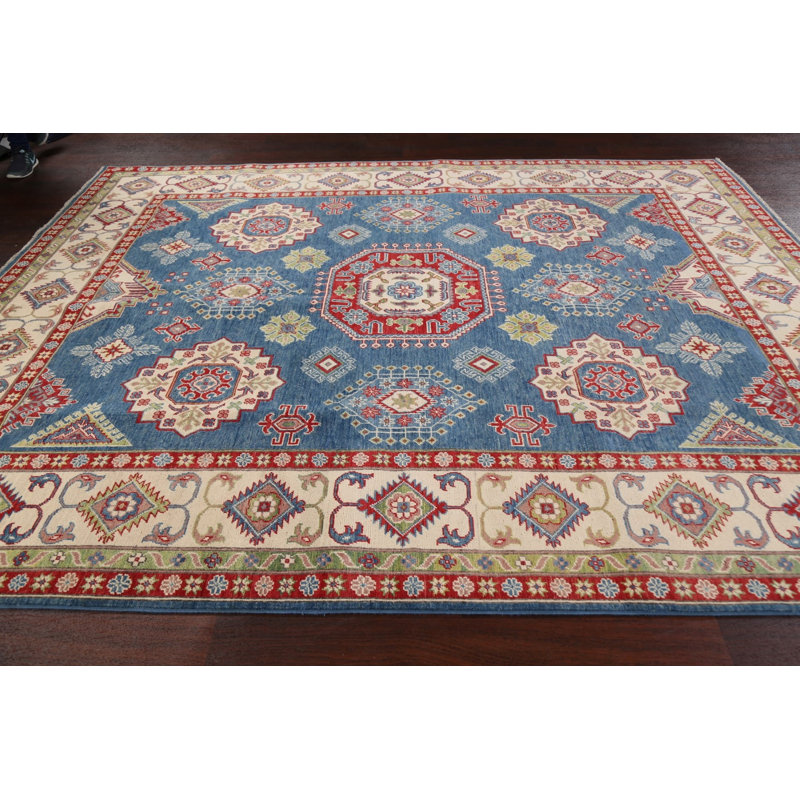 Tapis bleu noué à la main de conception unique 7 pi 11 po x 9 pi 11 po