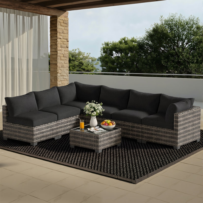 Outdoor 7-Piece Modular Rattan Patio Conversation Set with Cushions, Black, Beige Black