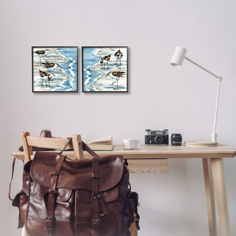 «Sandpipers Grazing Beach Shore» par Paul Brent - ensemble de 2 peintures sur bois, Giclée encadrée noir minuit