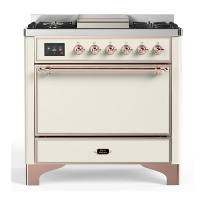 Cuisinière à combustible double de 36 po avec 6 brûleurs scellés et plaque chauffante Majestic III Series en blanc antique (gaz naturel, garniture en cuivre)
