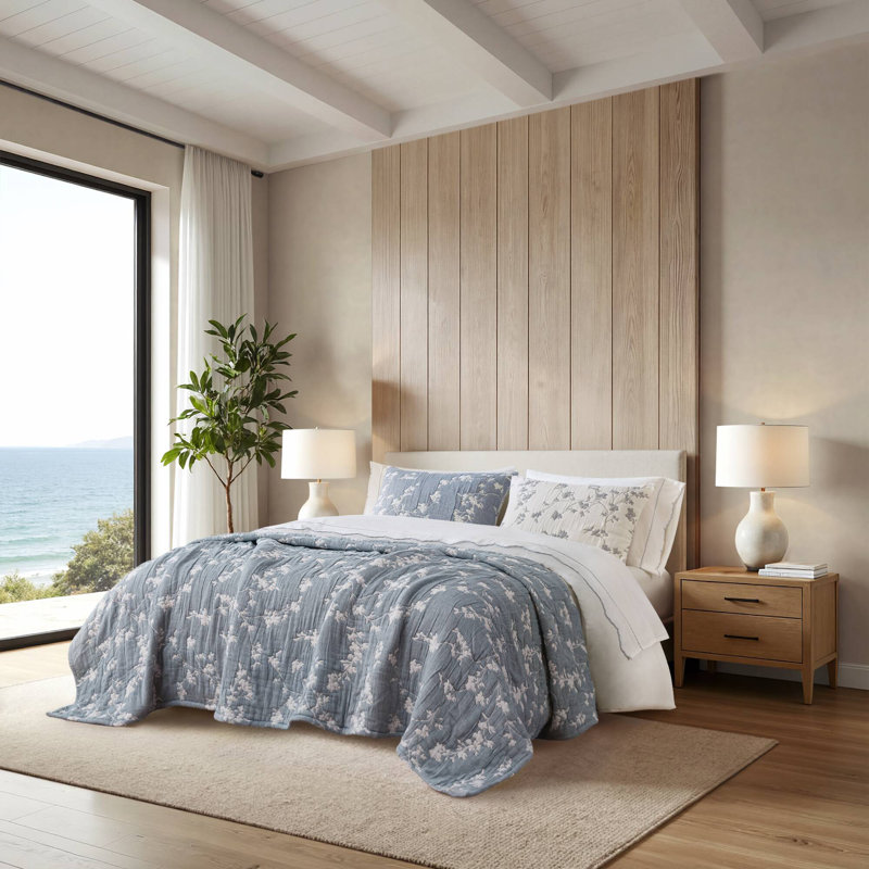 Catalina Botanical Navy Jacquard 100% Cotton Gauze 3-Piece Full/Queen Quilt Set, Full/Queen, Navy