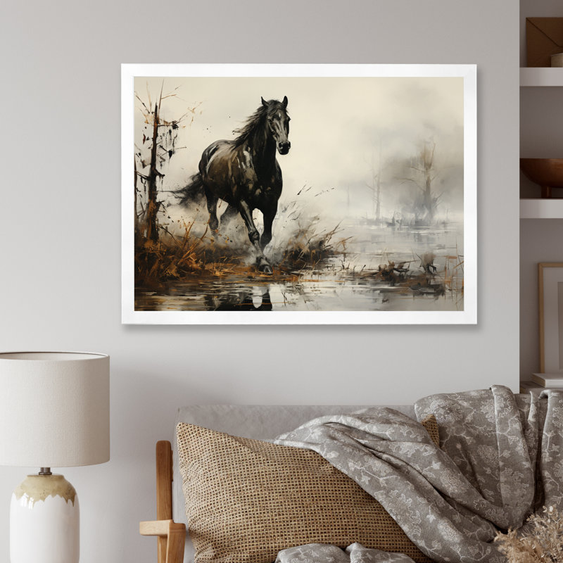 «Grey Horse Misty Morning Canter II», art mural cheval, Cadre simple blanc, H 16 po x l 32 po x P 1 po
