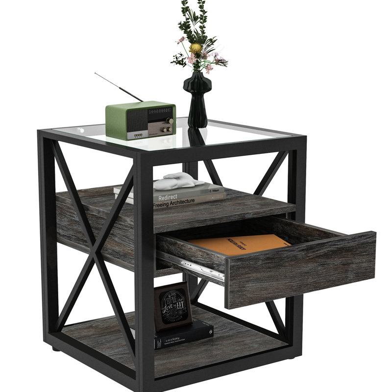 Industrial Style Nightstand With Drawer - Tempered Glass Top End Table For Bedroom & Living, Rustic Wood Grain , 3 Tier Storage, Stable Structure, Space Saving