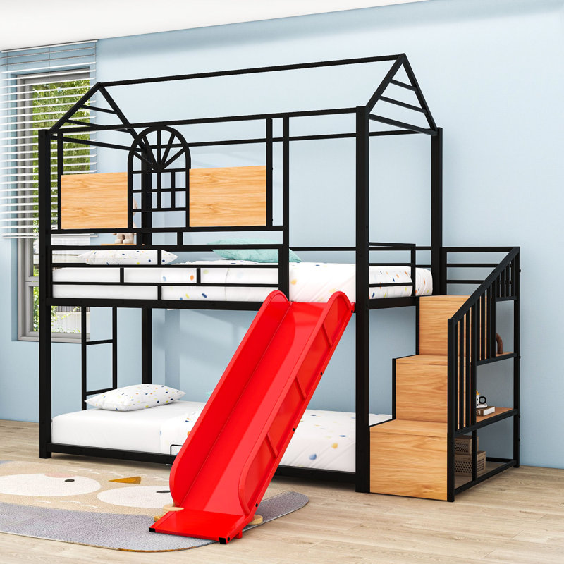 Twin Over Twin Metal House-Shaped Bunk Bed With Slide And Built-In Storage Stair, Black/Red