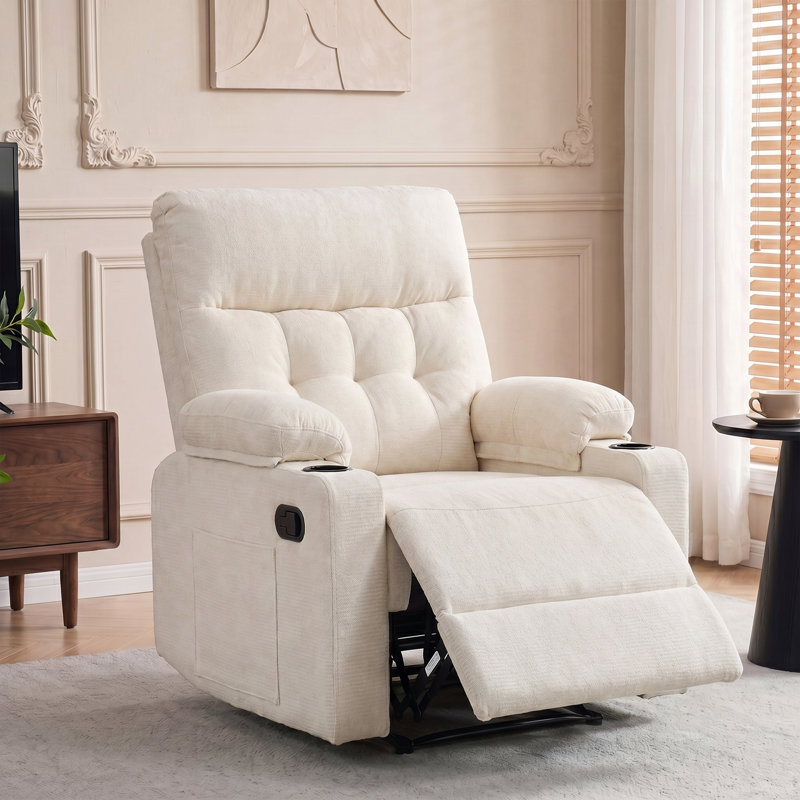 Fauteuil inclinable manuel avec porte-gobelets et poches latérales beige, Mélange de coton beige