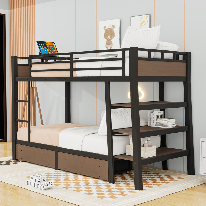 Metal Bunk Bed with Built-in Outlet and Extensive Storage, Twin Over Twin