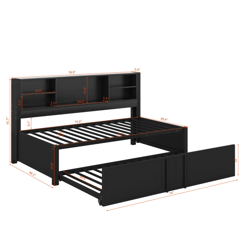 Metal Twin Size Daybed With Trundle, Shelves And USB, Black
