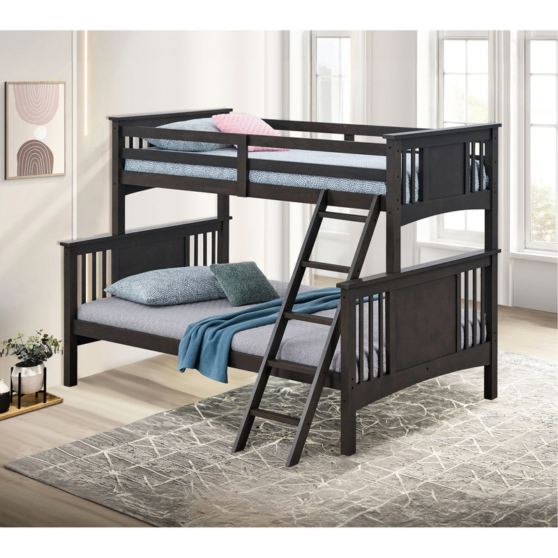 Lit superposé simple au-dessus d'un lit double moderne avec esprit transitionnel, bois massif et système de jonction avec caractéristiques, mélange de couleurs et structure d'insertion