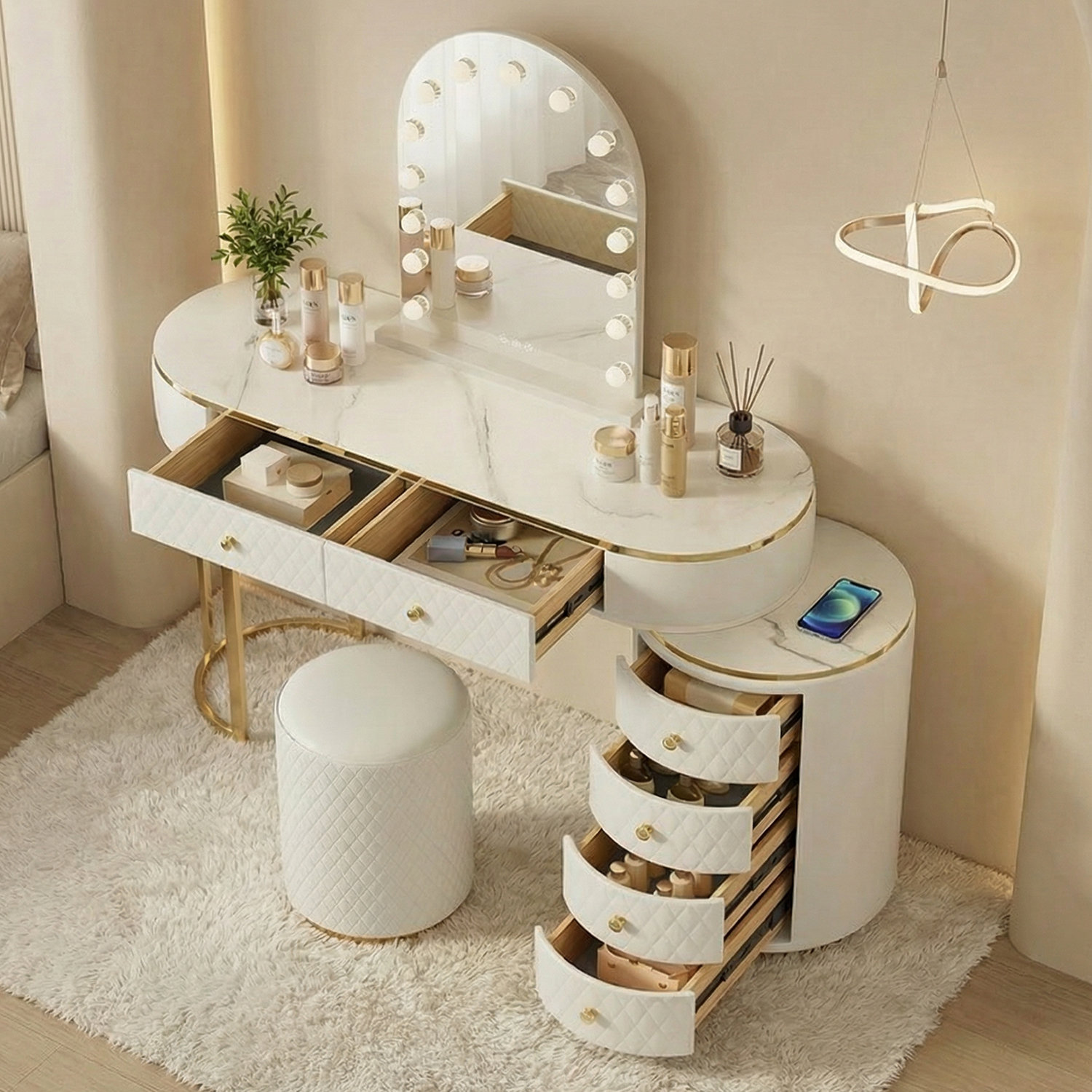 Movable Vanity Latitude Run® Modern Makeup Vanity Desk With 3-Colour LED Mirror ...