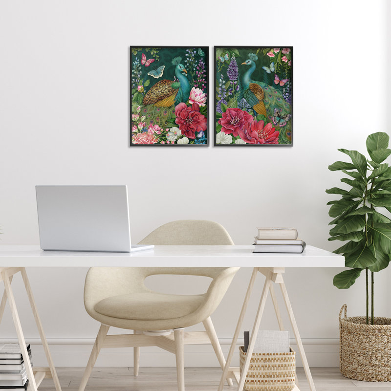 Ensemble de 2 giclées encadrées Wild Peacock Garden, par Nicole Tamarin, H 14 po x l 22 po, Giclée encadrée noir minuit