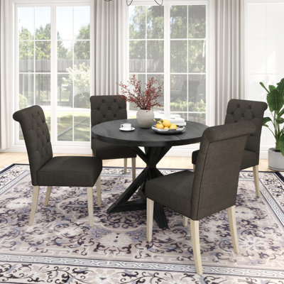 August GroveCoit 5-Piece Dining Set, Cross-Buck Round Table With 4 Tufted Chairs