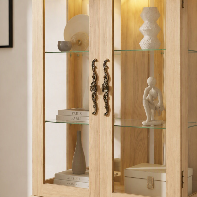 Vitrine lumineuse - Vitrine élégante en verre avec tablettes réglables, 2 portes et 1 tiroir - Buffet de rangement pour le vin avec ampoule incluse - Finition chêne clair